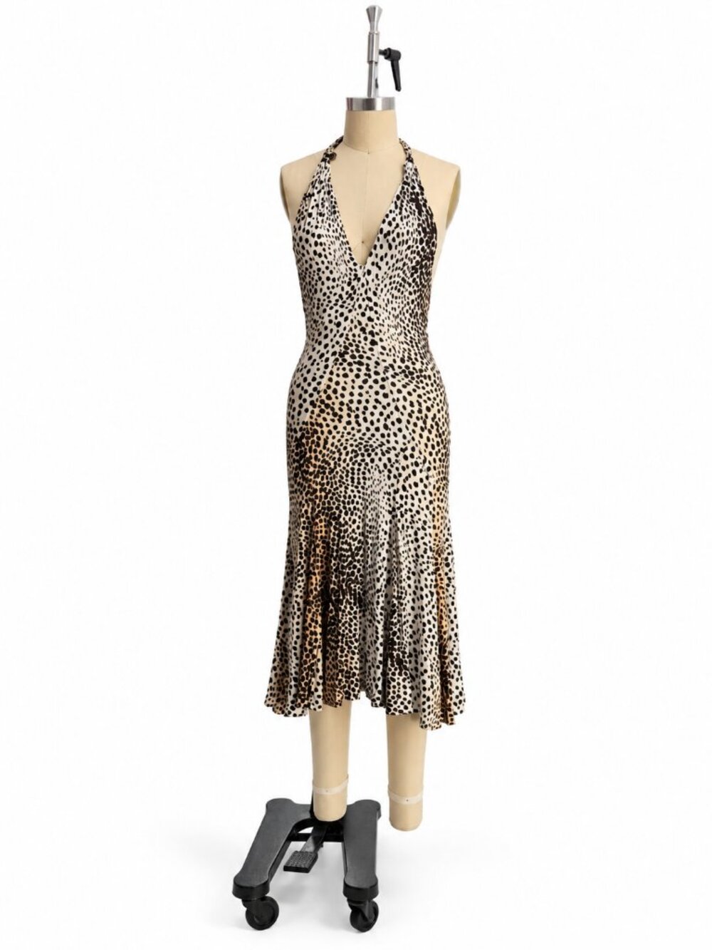 Animal Print Halter Dress with Open Back & Flared Hem
